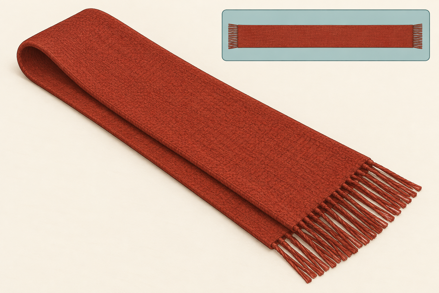 AI-generated diagram of a rectangular scarf folded end-to-end, with the fold opposite two aligned fringed tails